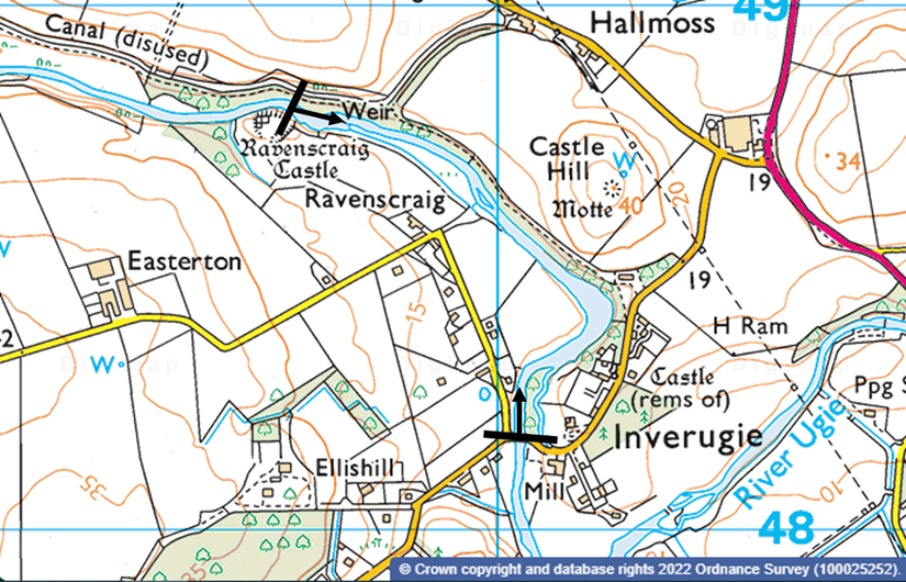Map of control sites between Ravenscraig Castle and Inverugie bridge