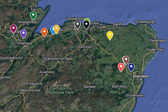 Map of site locations across north-east Scotland