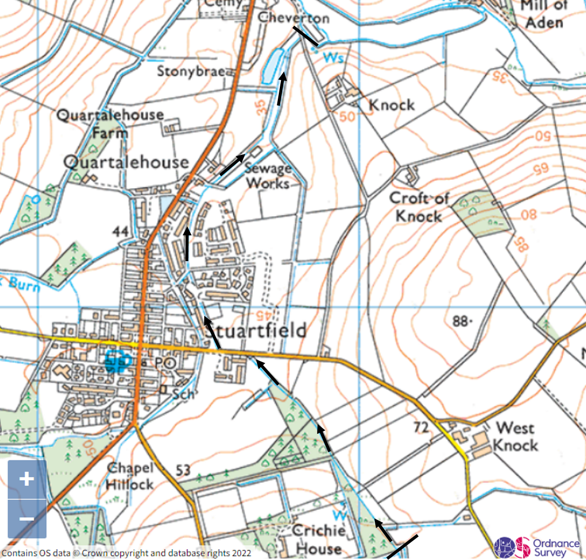 Map of Stuartfield burn and village showing limits of treatment sites