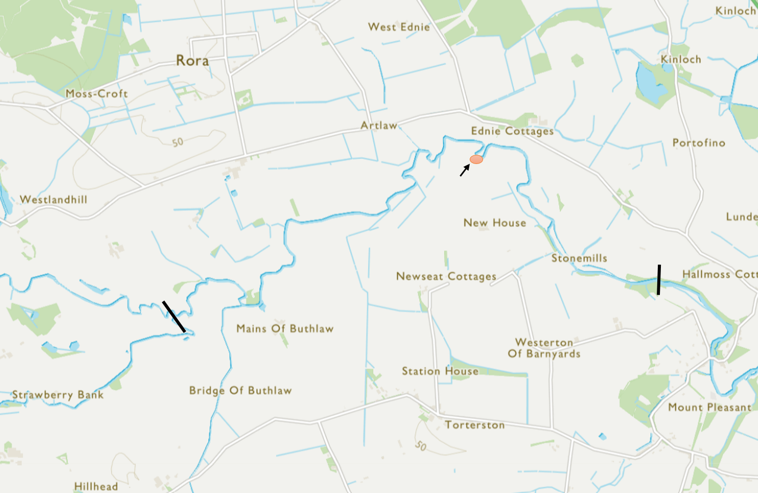 Location of Japanese knotweed (represented by red circle) on the River Ugie in Aberdeenshire