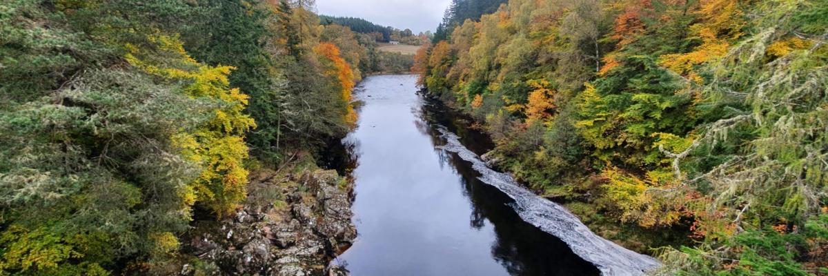 River Findhorn from a bridge with autumnal trees in the background